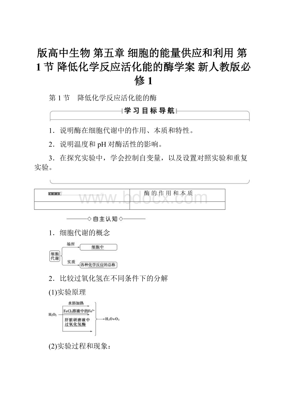 版高中生物 第五章 细胞的能量供应和利用 第1节 降低化学反应活化能的酶学案 新人教版必修1.docx_第1页