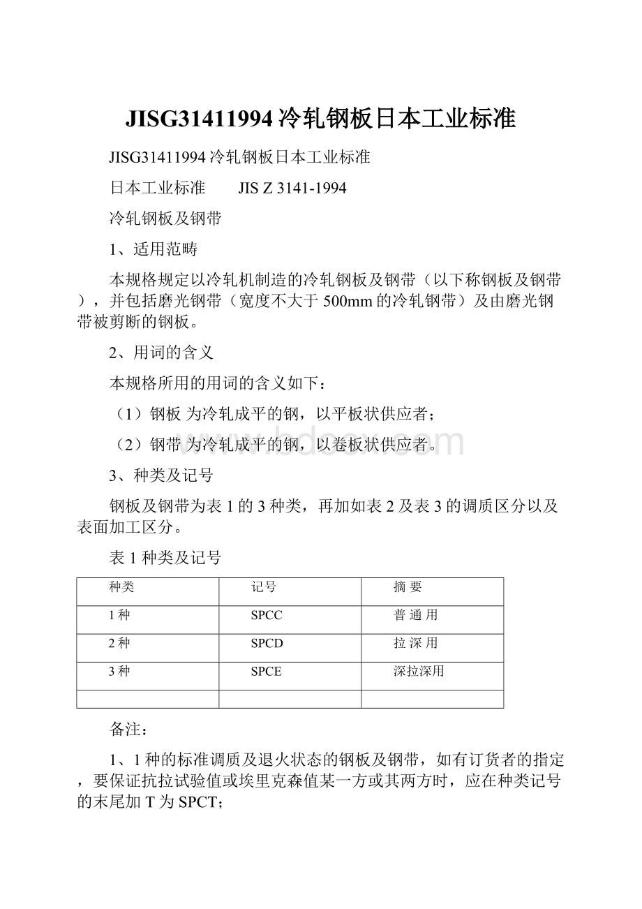 JISG31411994冷轧钢板日本工业标准.docx