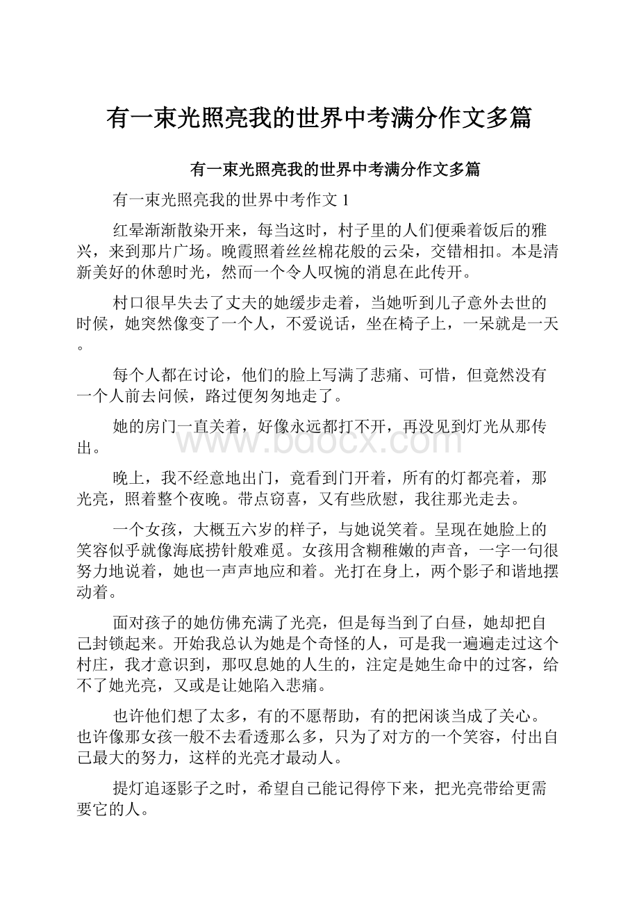 有一束光照亮我的世界中考满分作文多篇.docx