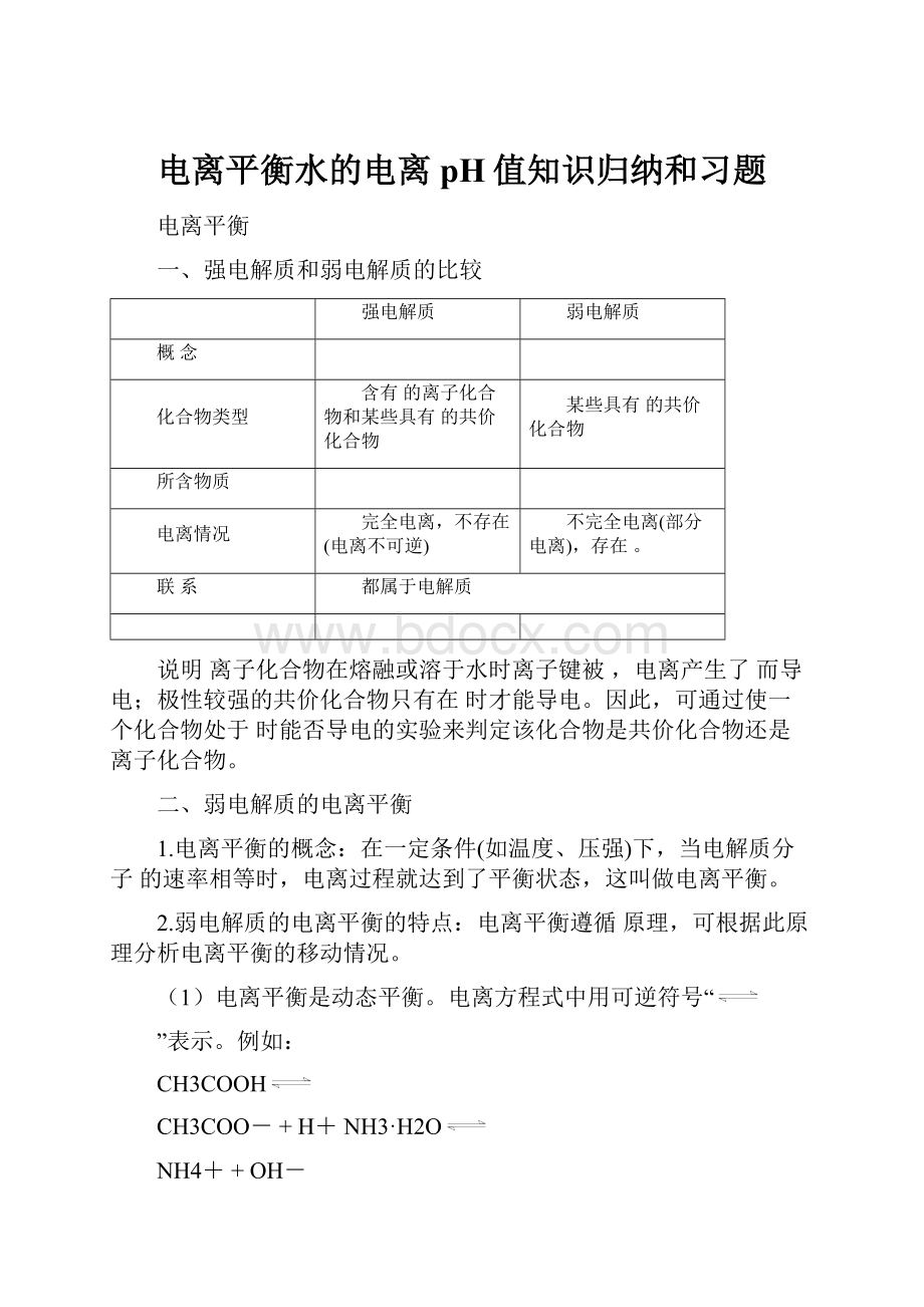 电离平衡水的电离pH值知识归纳和习题.docx