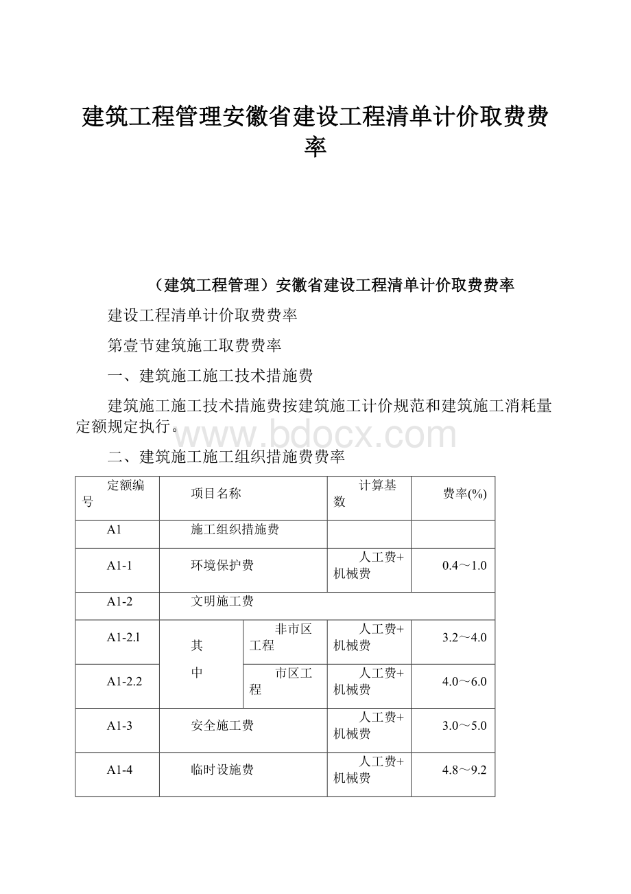 建筑工程管理安徽省建设工程清单计价取费费率.docx_第1页