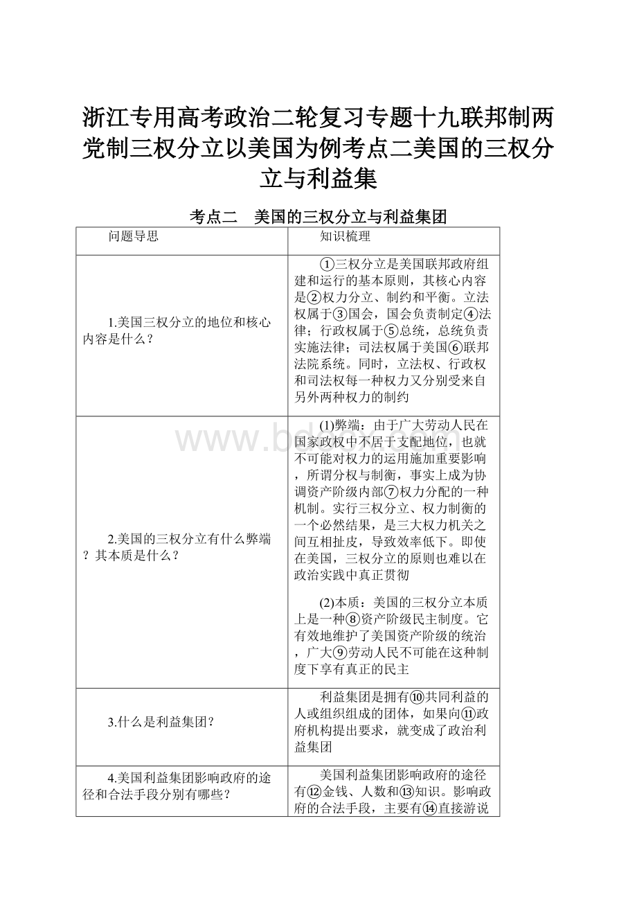 浙江专用高考政治二轮复习专题十九联邦制两党制三权分立以美国为例考点二美国的三权分立与利益集.docx_第1页