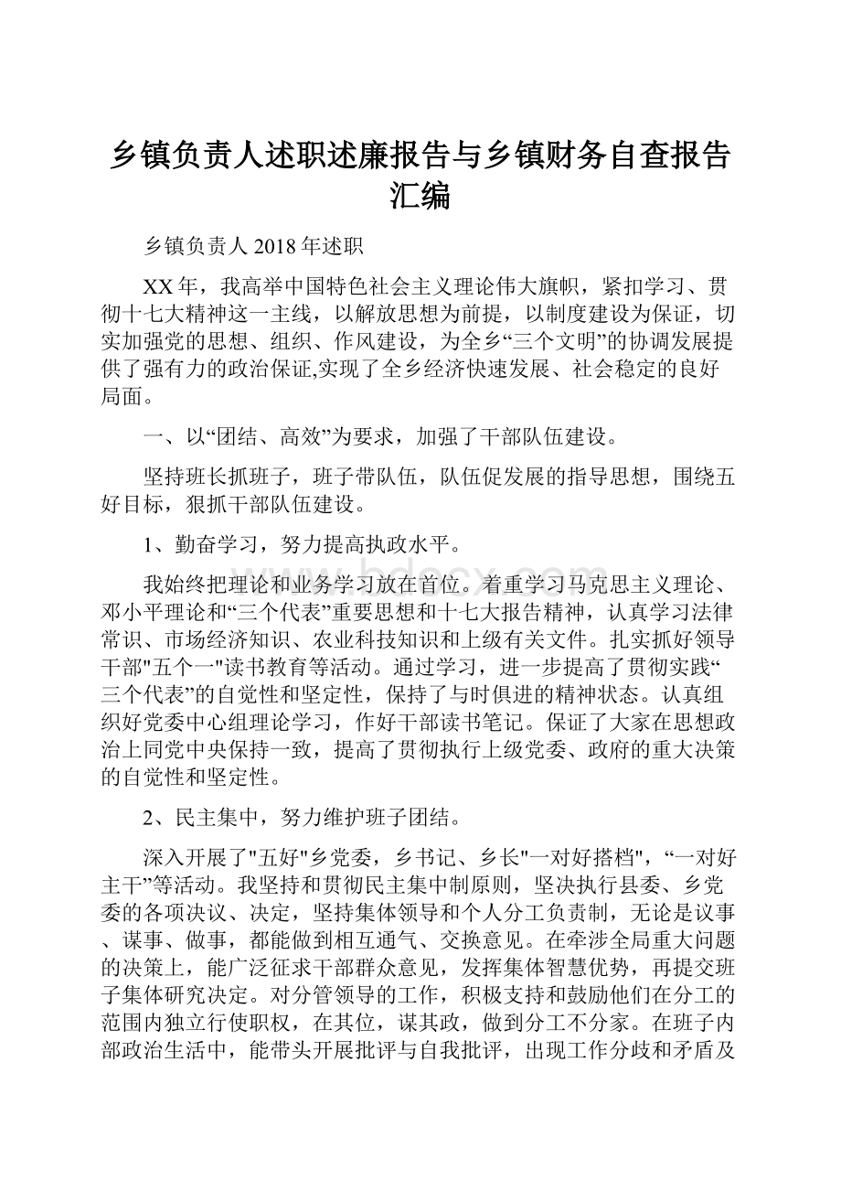 乡镇负责人述职述廉报告与乡镇财务自查报告汇编.docx