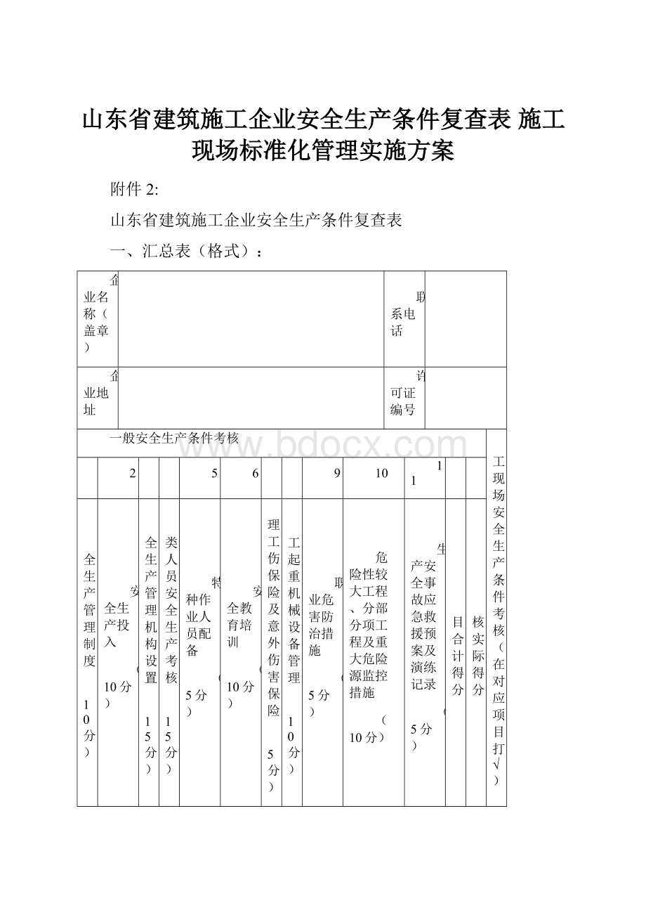 山东省建筑施工企业安全生产条件复查表 施工现场标准化管理实施方案.docx