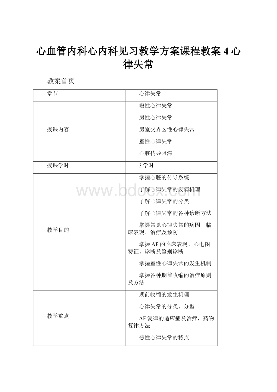 心血管内科心内科见习教学方案课程教案4心律失常.docx_第1页