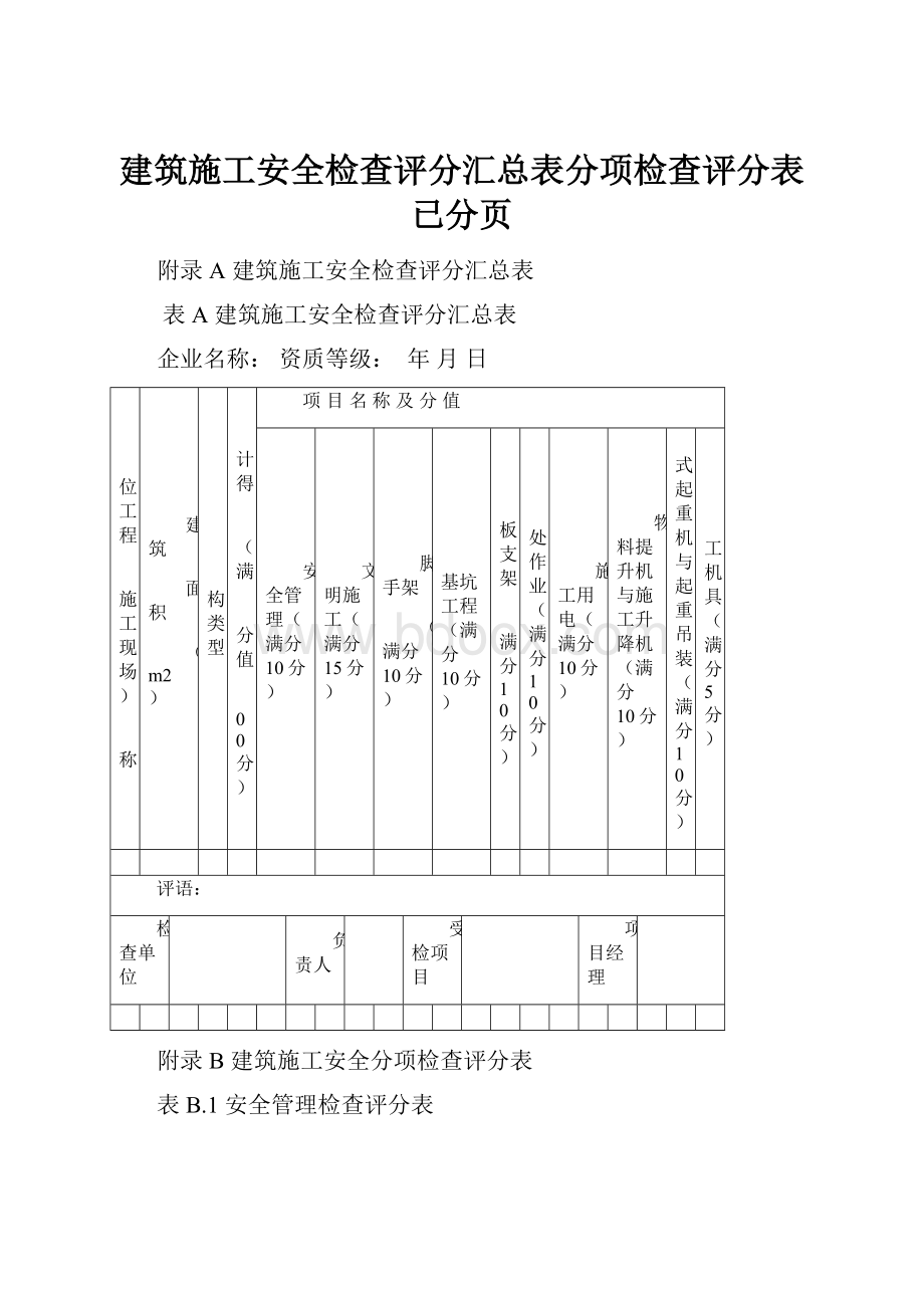 建筑施工安全检查评分汇总表分项检查评分表已分页.docx_第1页