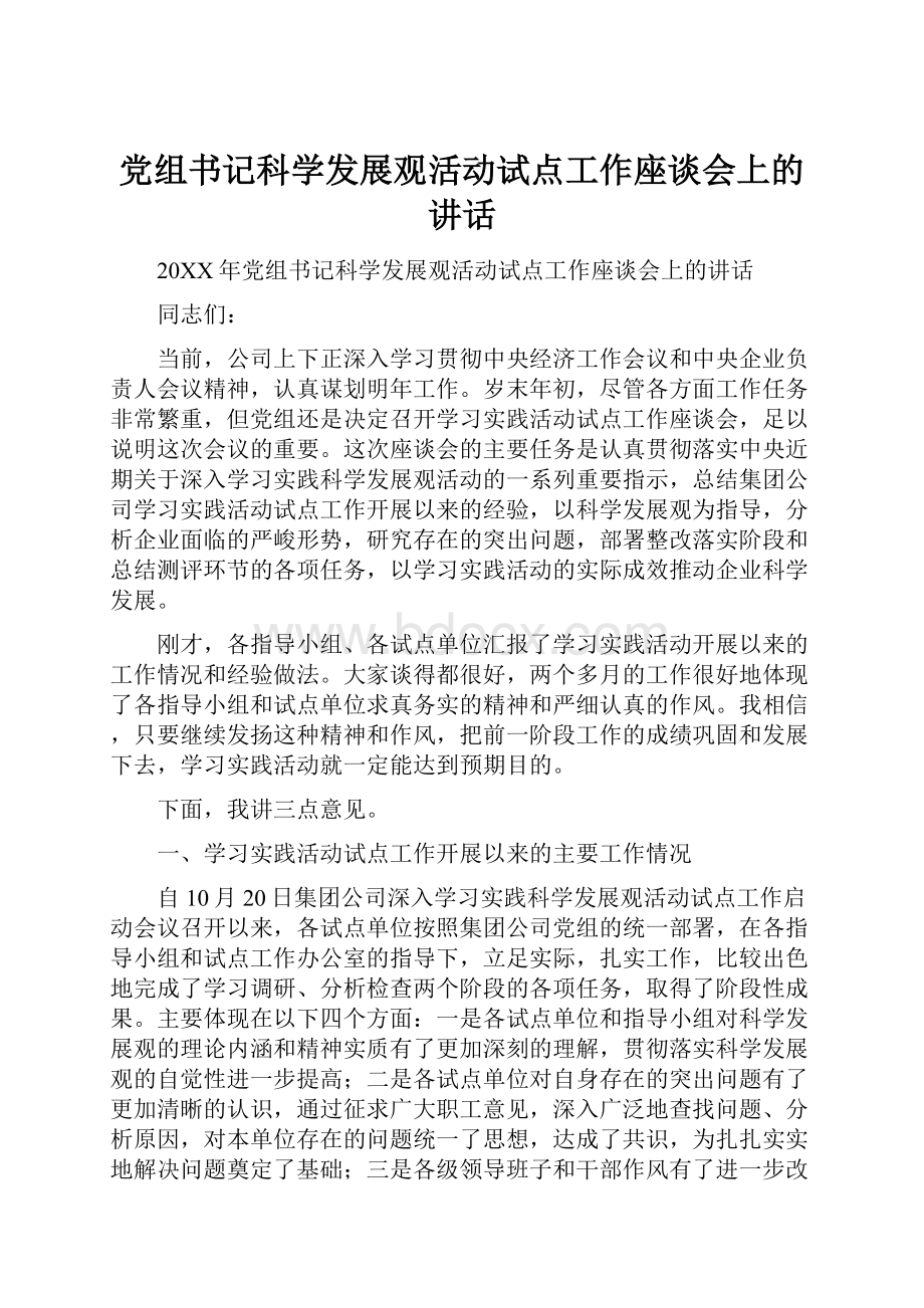 党组书记科学发展观活动试点工作座谈会上的讲话.docx_第1页