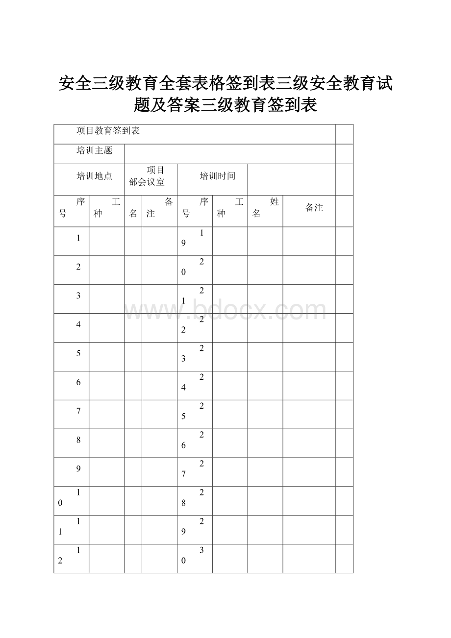 安全三级教育全套表格签到表三级安全教育试题及答案三级教育签到表.docx_第1页