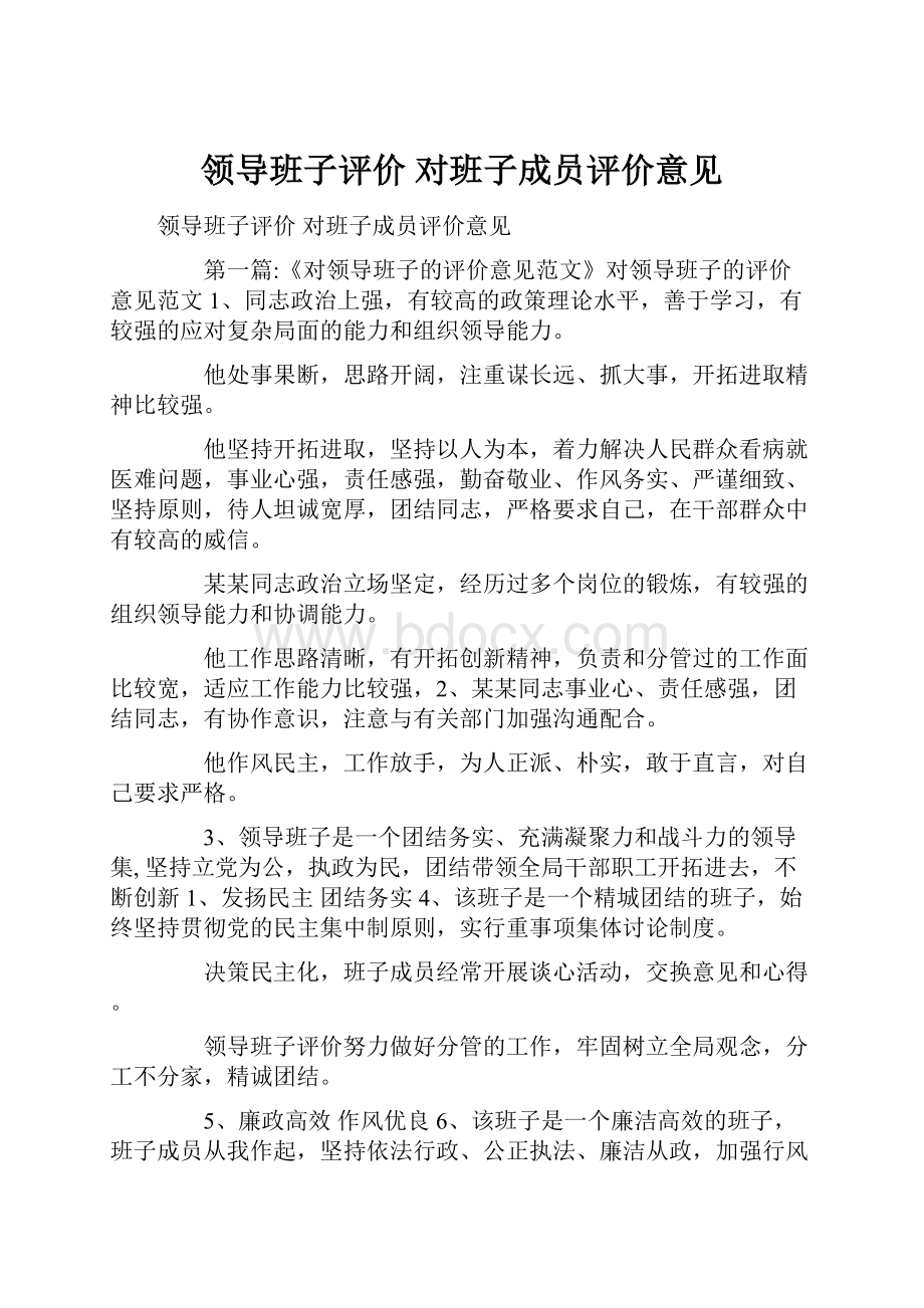 领导班子评价 对班子成员评价意见.docx