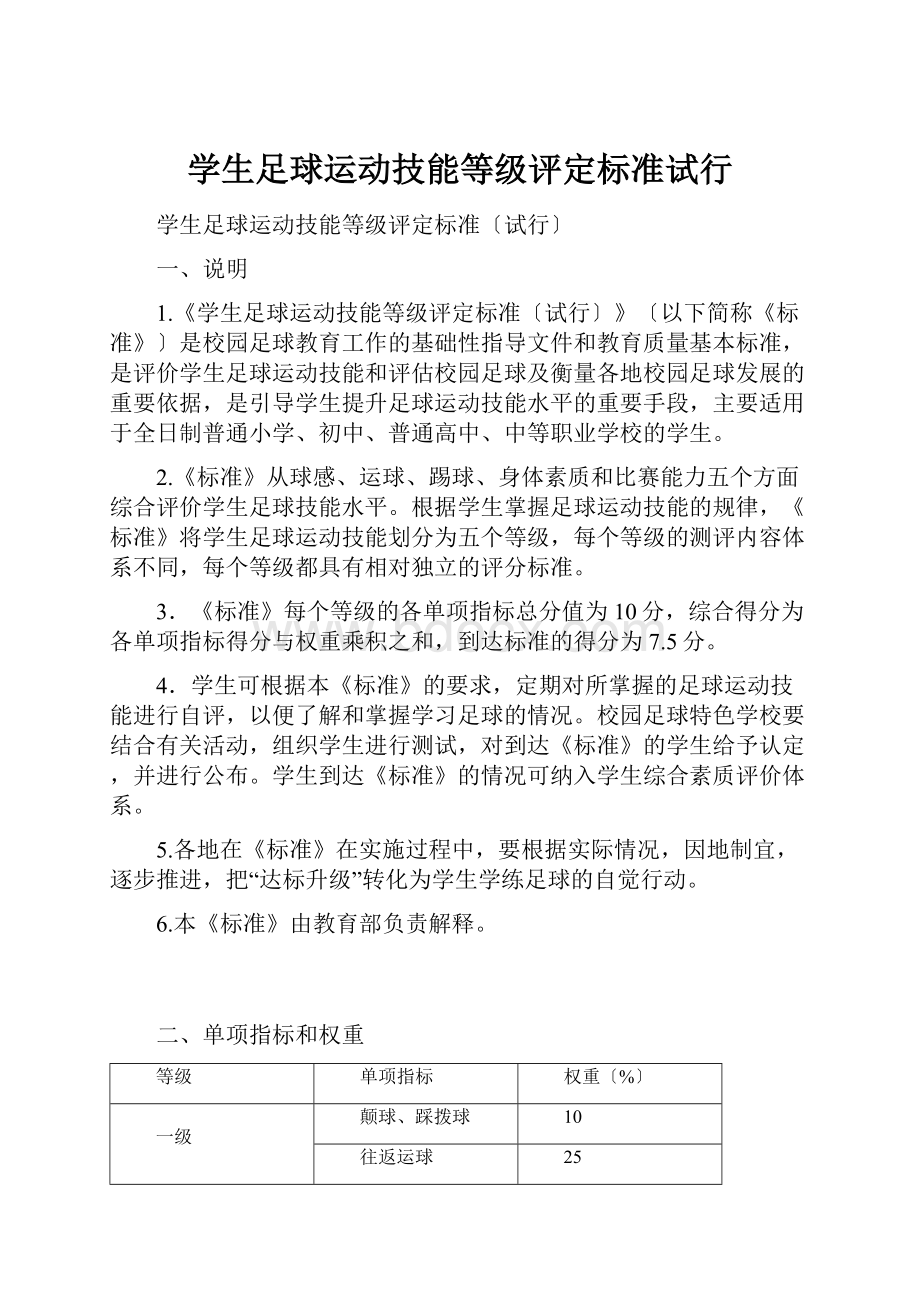 学生足球运动技能等级评定标准试行.docx