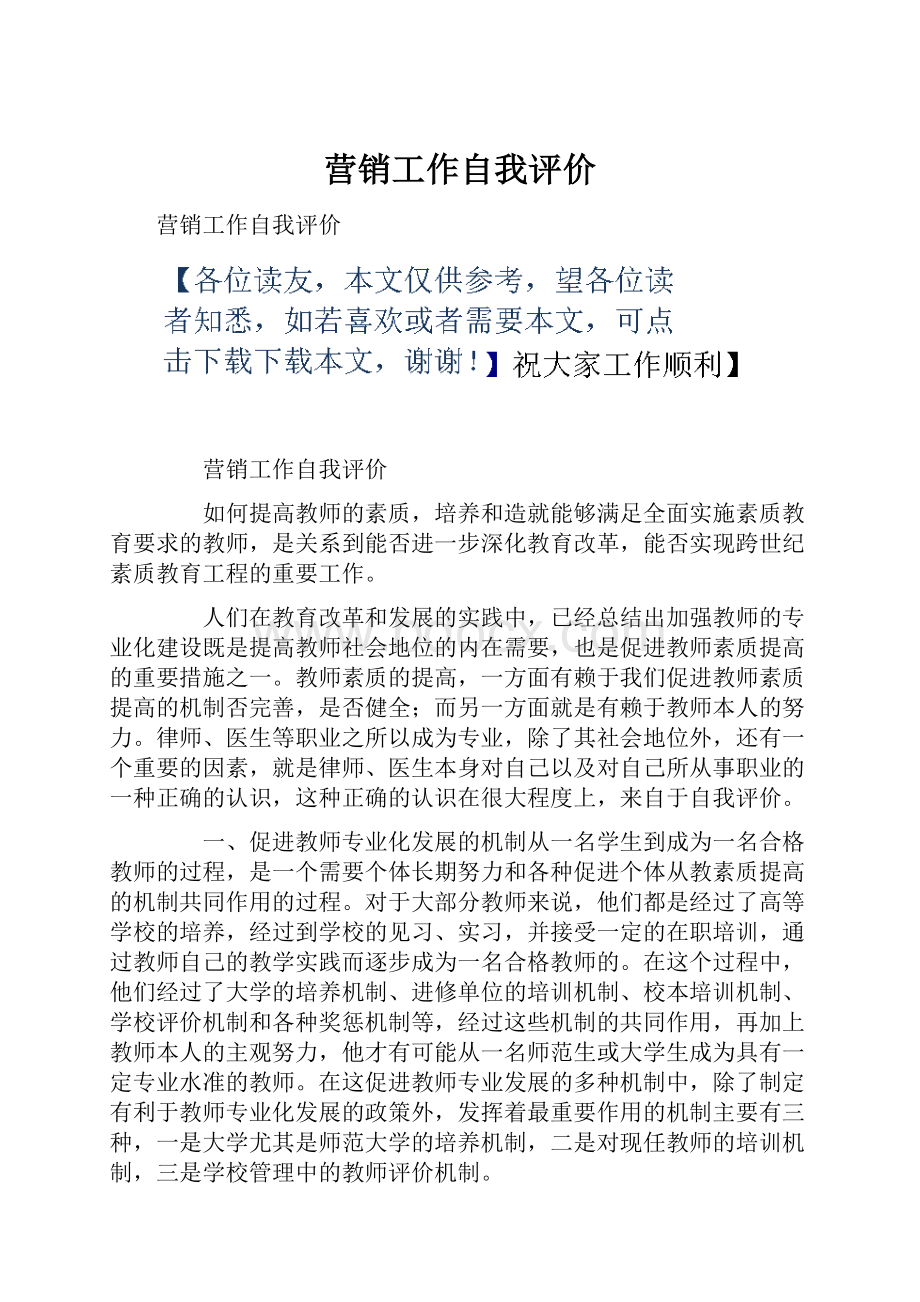 营销工作自我评价.docx