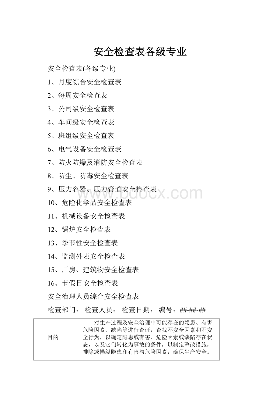 安全检查表各级专业.docx_第1页