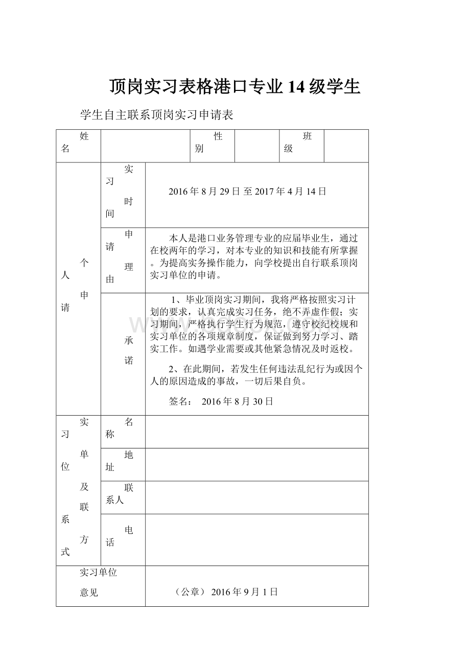 顶岗实习表格港口专业14级学生.docx