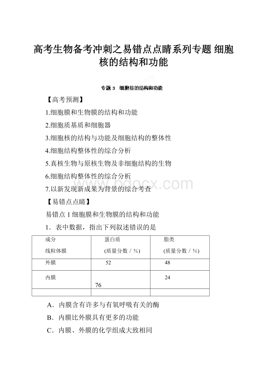 高考生物备考冲刺之易错点点睛系列专题 细胞核的结构和功能.docx_第1页