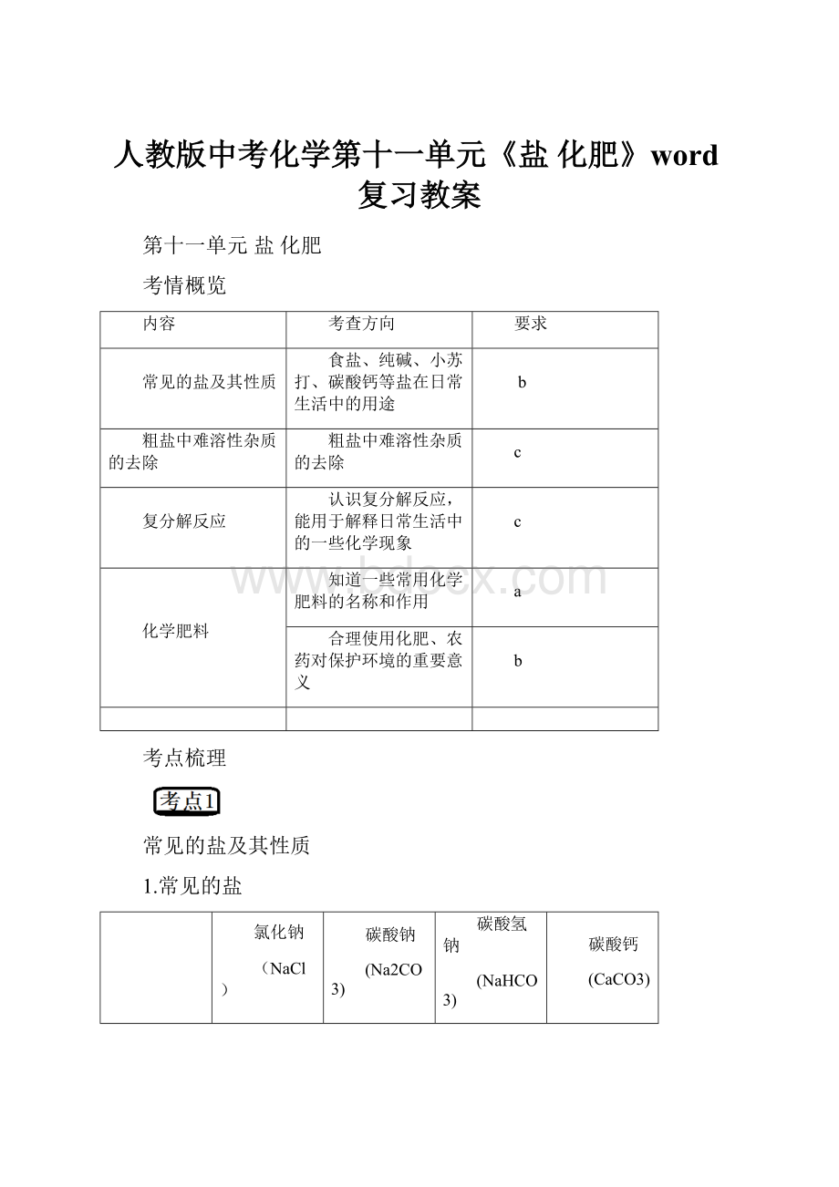 人教版中考化学第十一单元《盐 化肥》word复习教案.docx_第1页