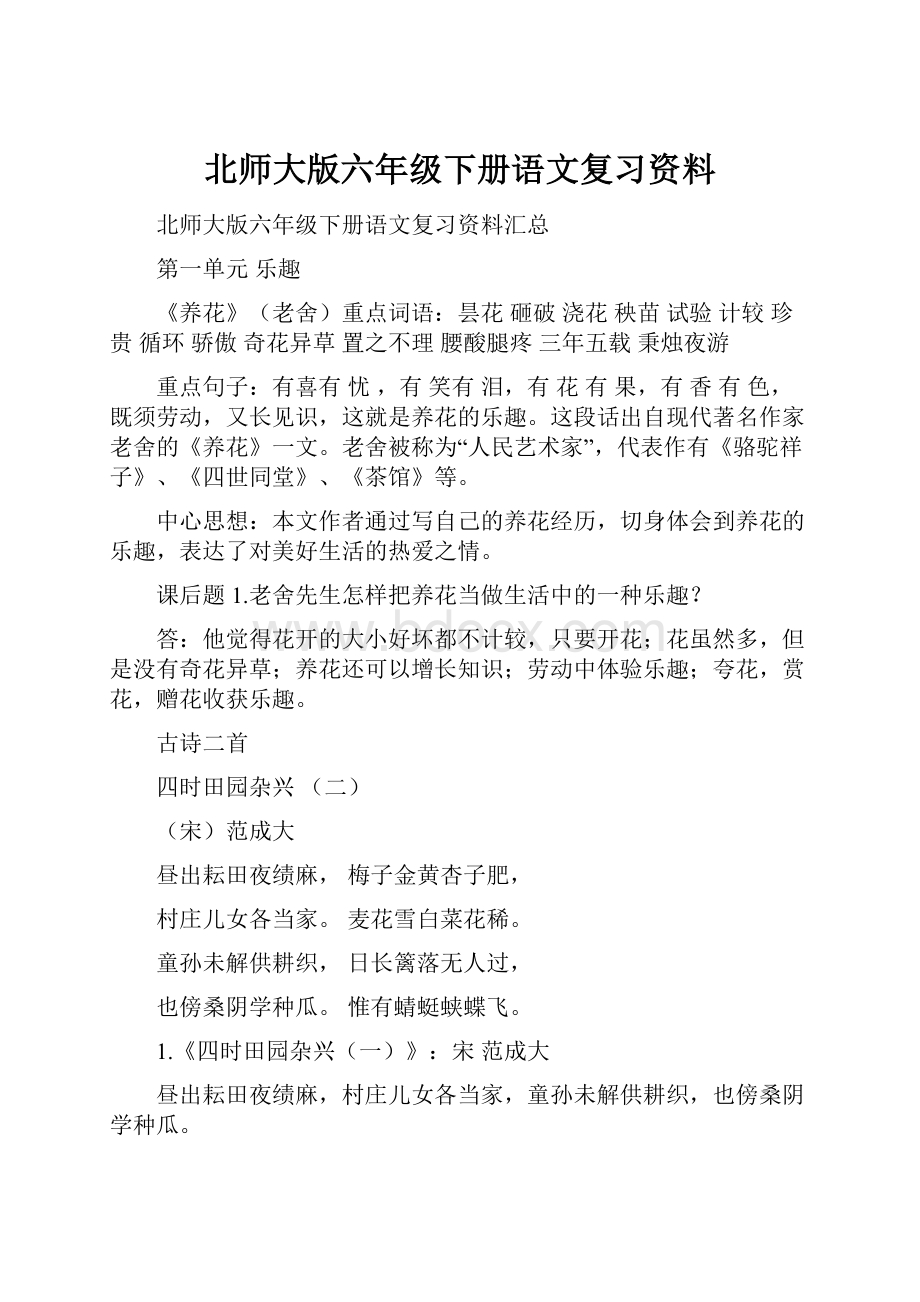 北师大版六年级下册语文复习资料.docx_第1页