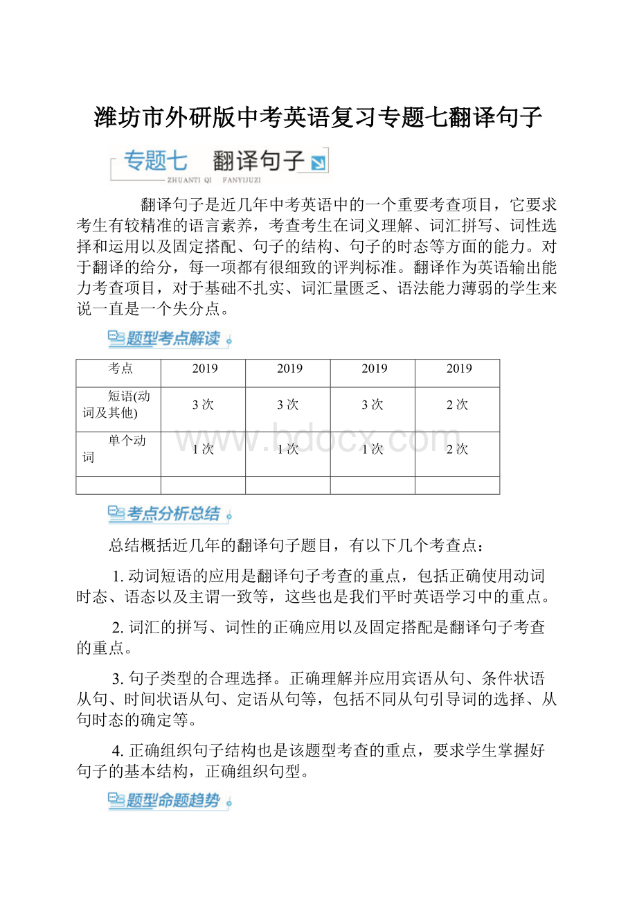 潍坊市外研版中考英语复习专题七翻译句子.docx