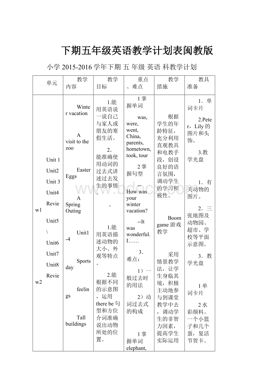 下期五年级英语教学计划表闽教版.docx