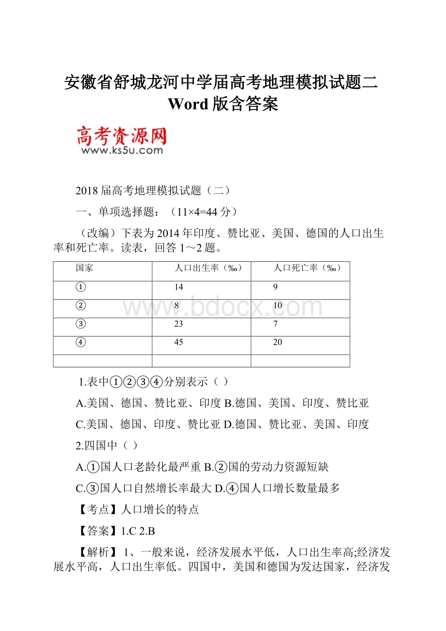 安徽省舒城龙河中学届高考地理模拟试题二Word版含答案.docx_第1页