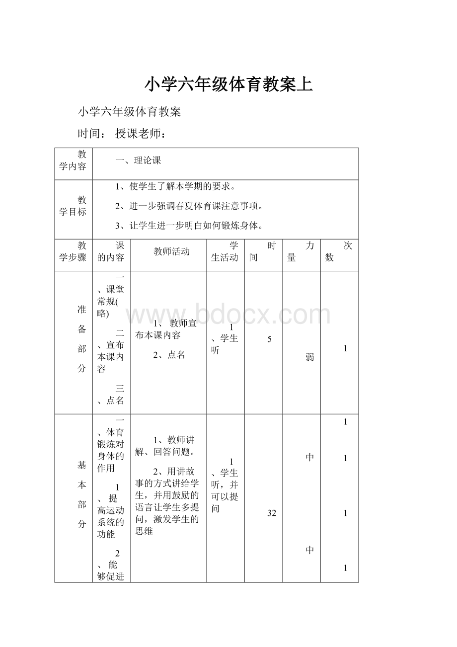 小学六年级体育教案上.docx