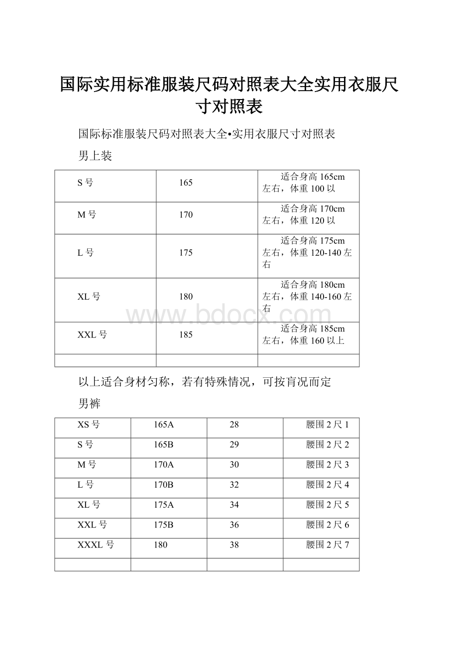 国际实用标准服装尺码对照表大全实用衣服尺寸对照表.docx