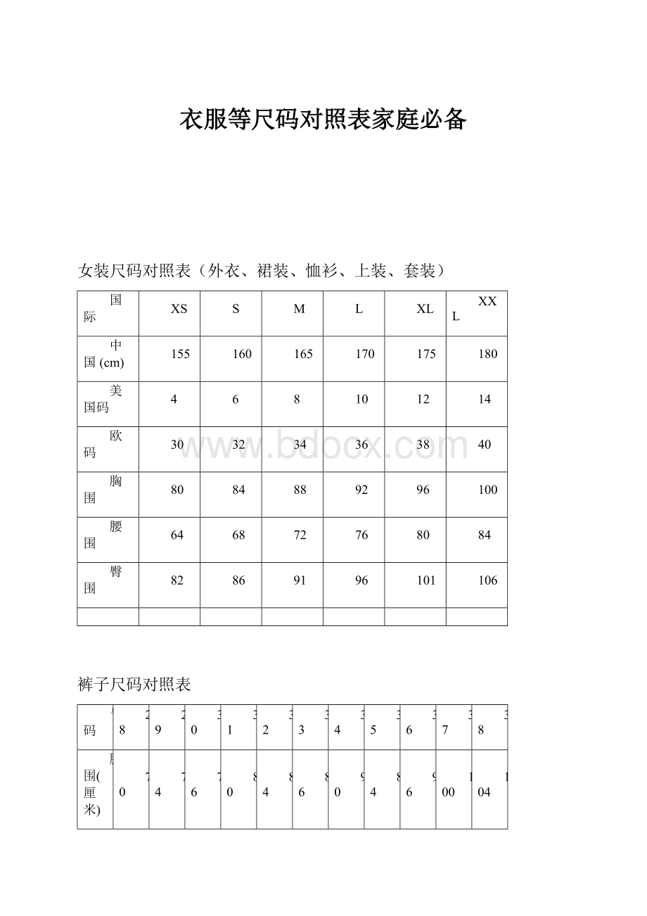 衣服等尺码对照表家庭必备.docx_第1页