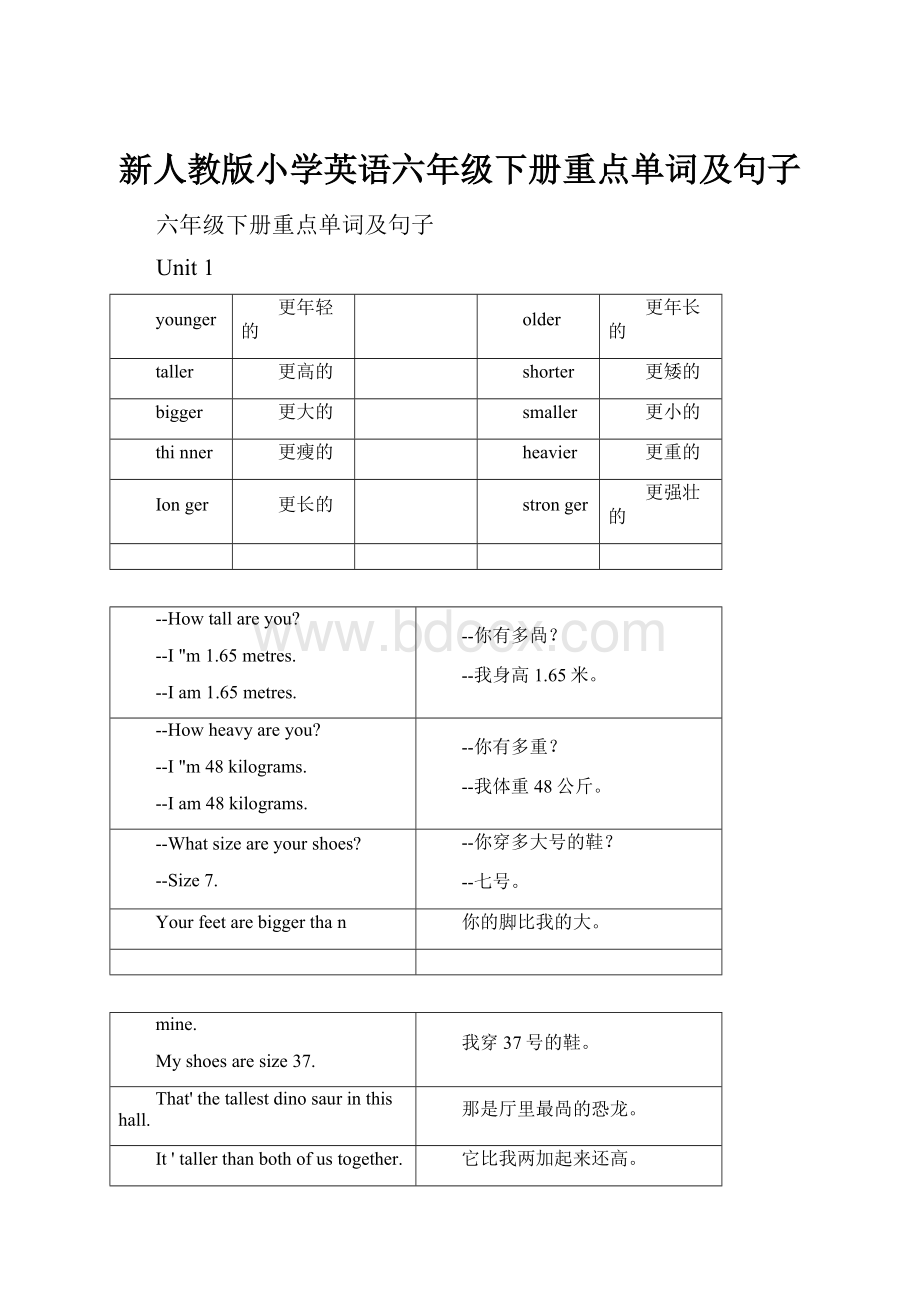 新人教版小学英语六年级下册重点单词及句子.docx_第1页