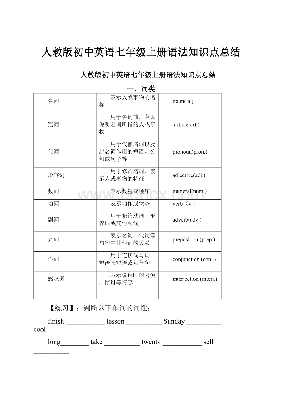 人教版初中英语七年级上册语法知识点总结.docx