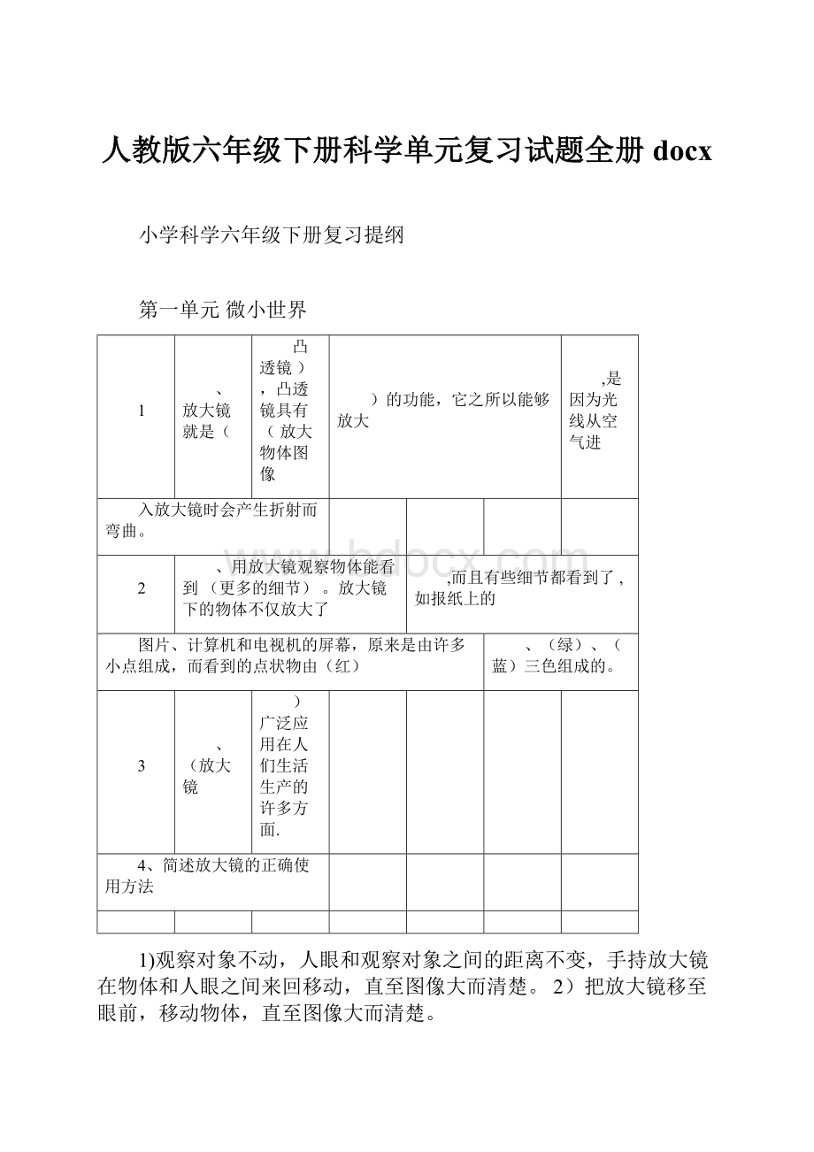 人教版六年级下册科学单元复习试题全册docx.docx