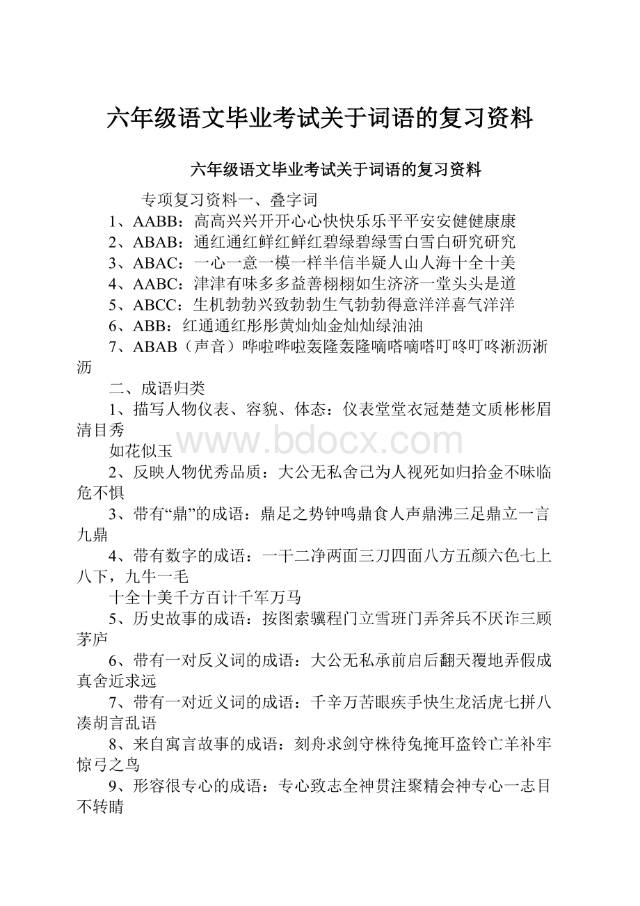 六年级语文毕业考试关于词语的复习资料.docx