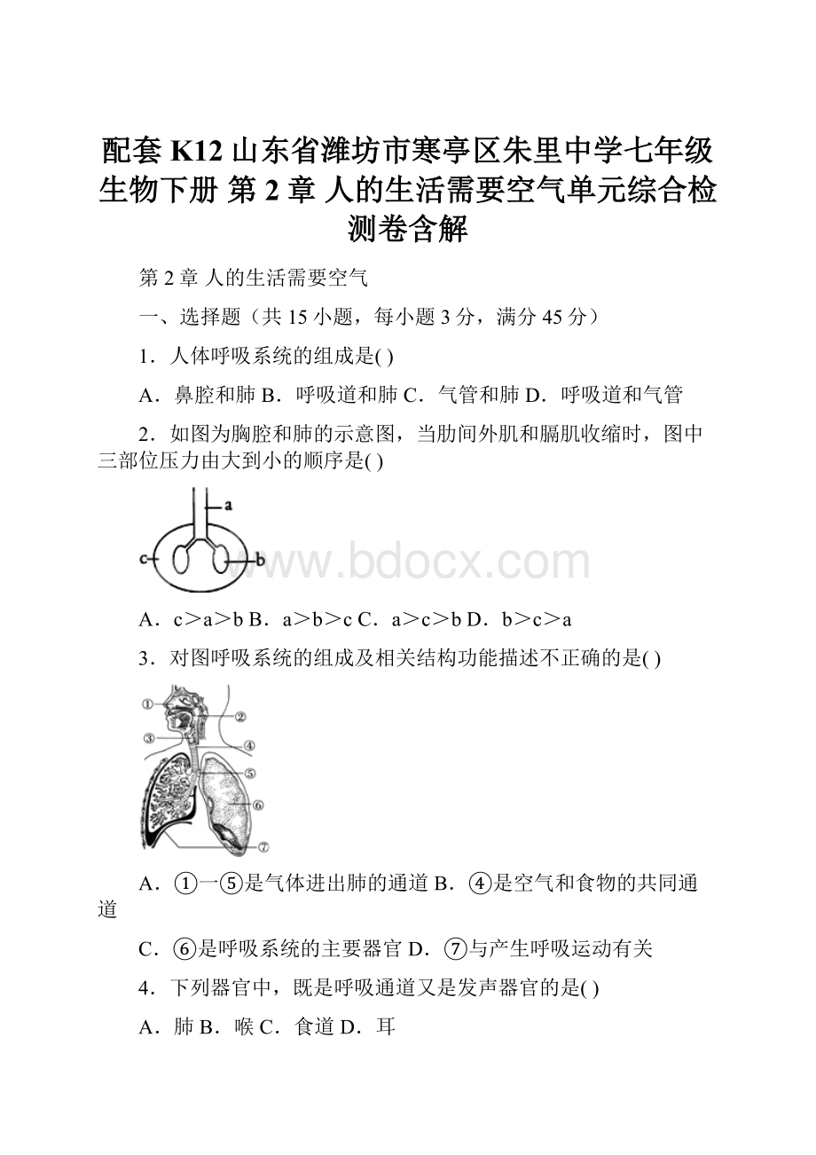 配套K12山东省潍坊市寒亭区朱里中学七年级生物下册 第2章 人的生活需要空气单元综合检测卷含解.docx_第1页