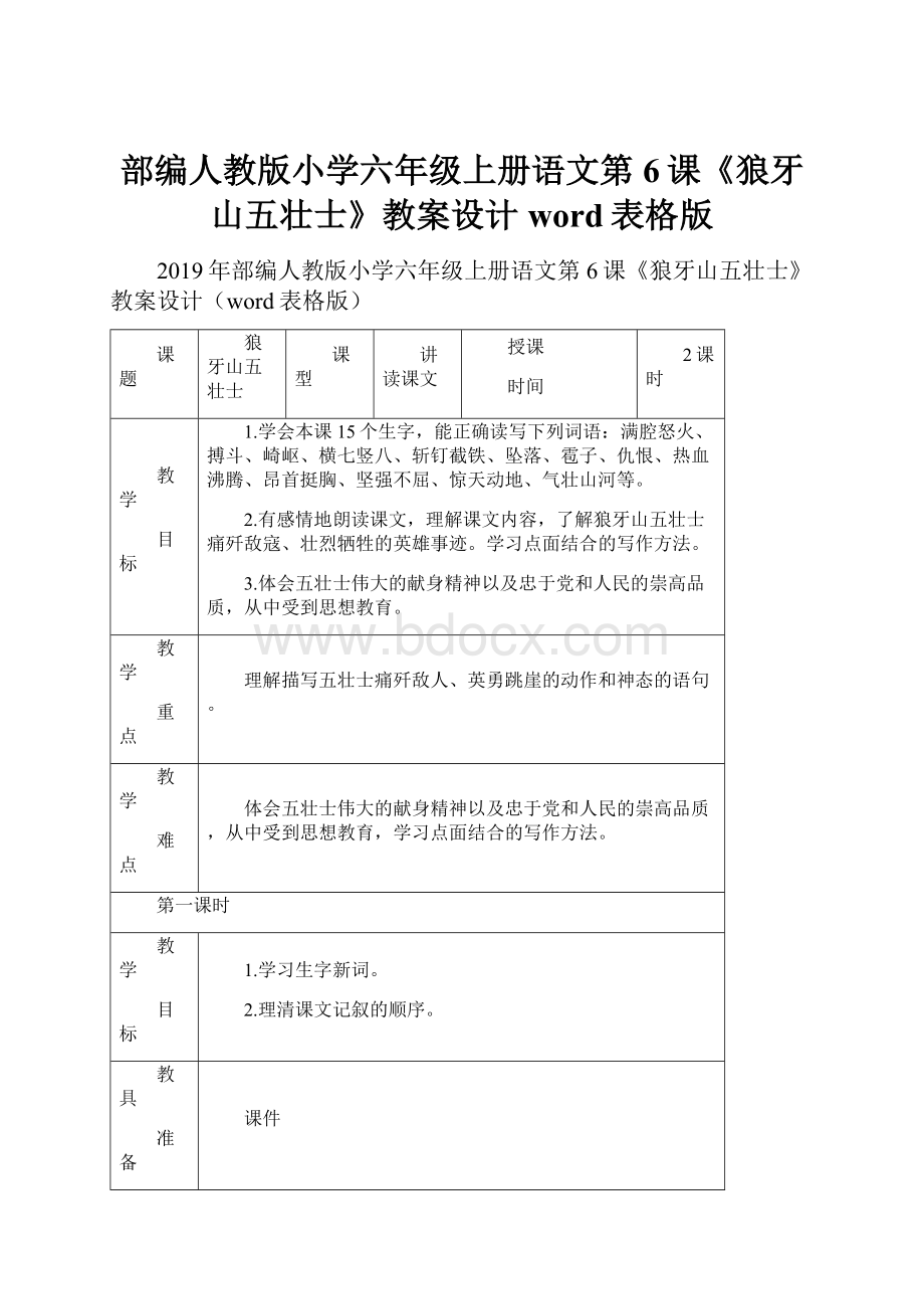 部编人教版小学六年级上册语文第6课《狼牙山五壮士》教案设计word表格版.docx_第1页