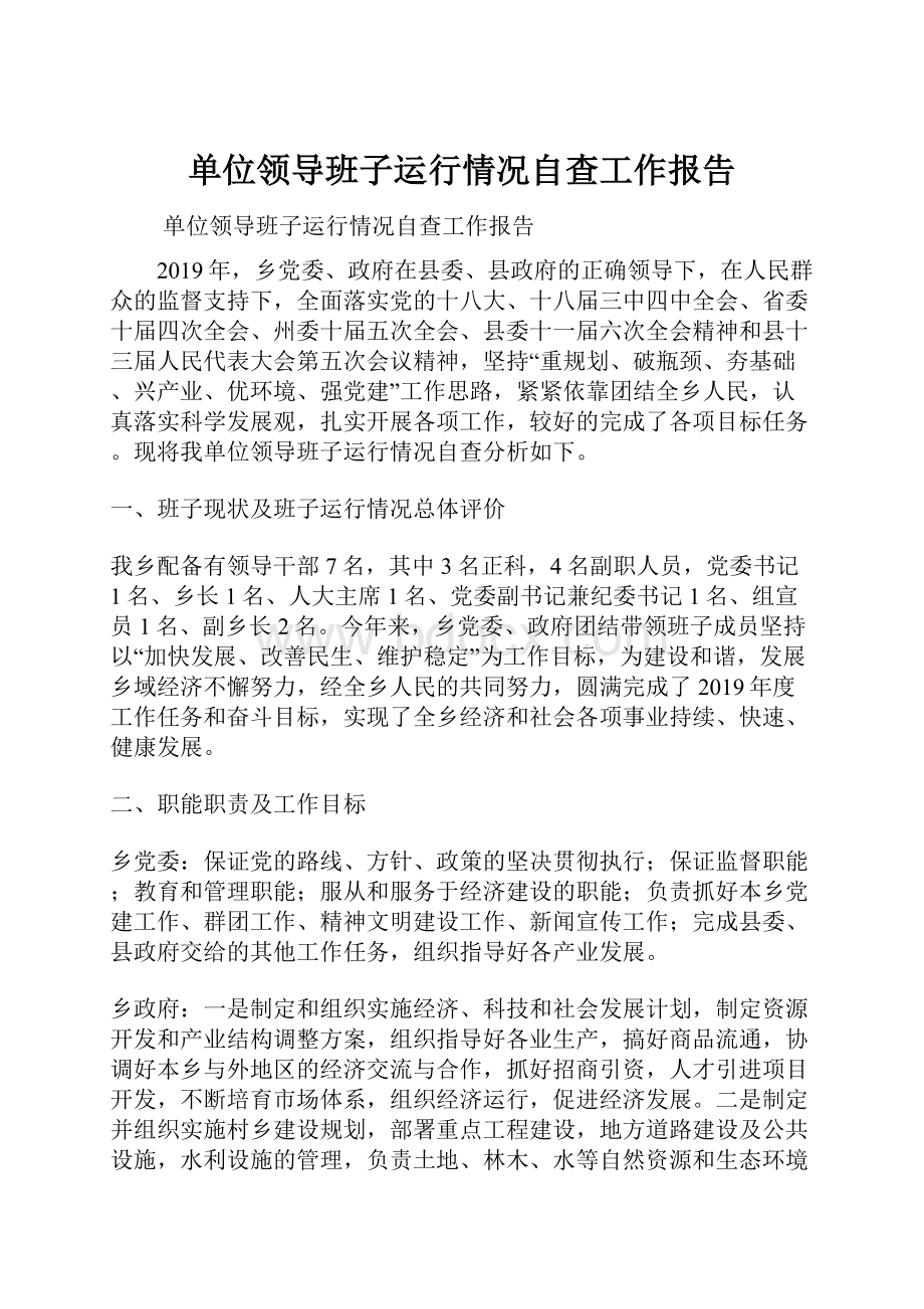 单位领导班子运行情况自查工作报告.docx_第1页