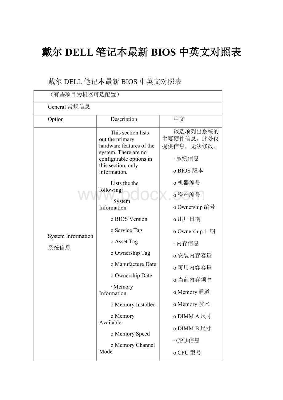 戴尔DELL笔记本最新BIOS 中英文对照表.docx