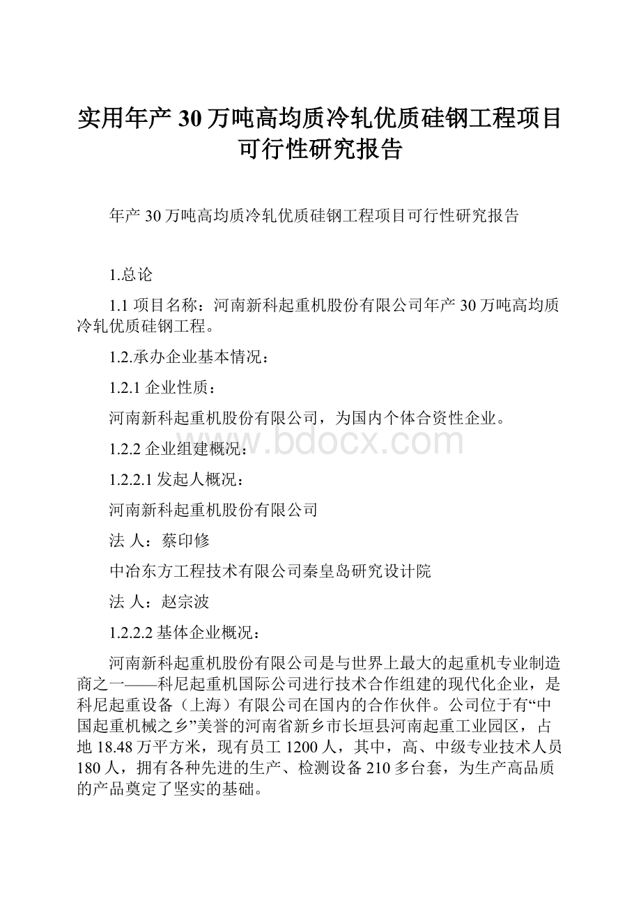 实用年产30万吨高均质冷轧优质硅钢工程项目可行性研究报告.docx_第1页