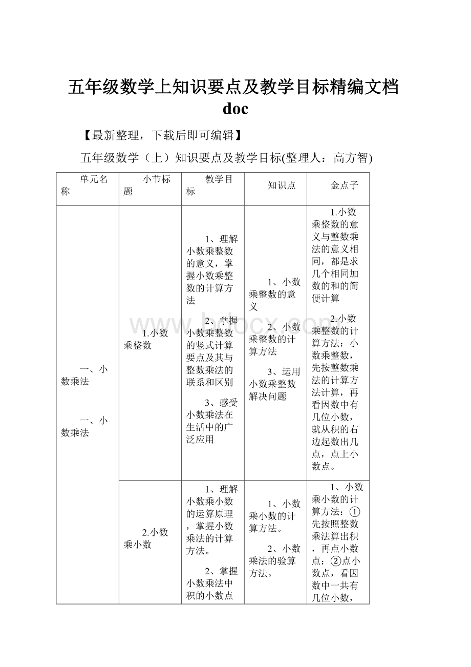 五年级数学上知识要点及教学目标精编文档doc.docx_第1页