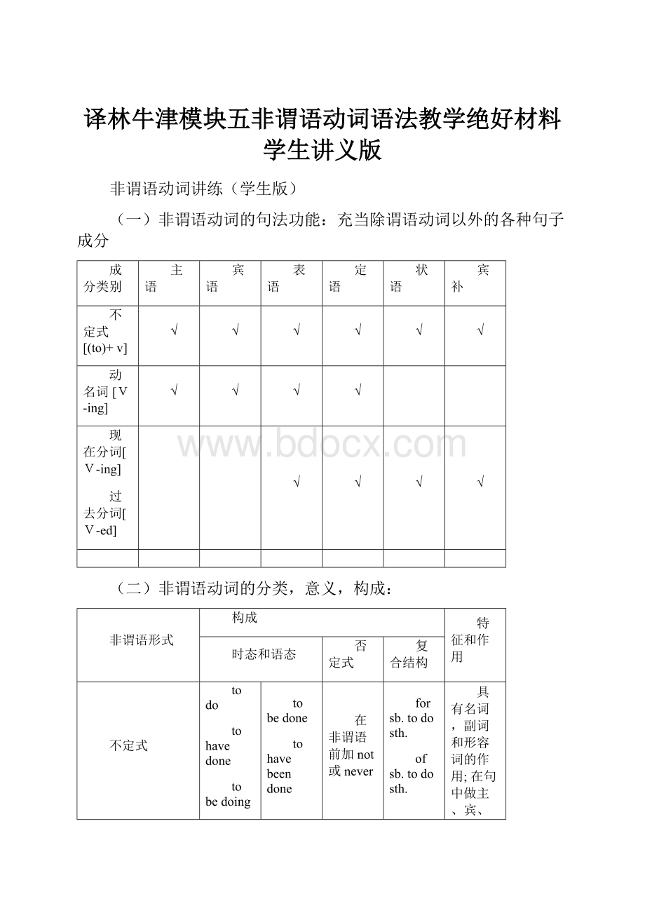 译林牛津模块五非谓语动词语法教学绝好材料学生讲义版.docx