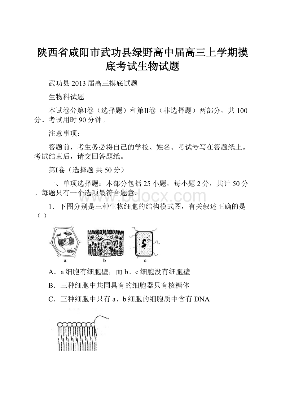 陕西省咸阳市武功县绿野高中届高三上学期摸底考试生物试题.docx_第1页