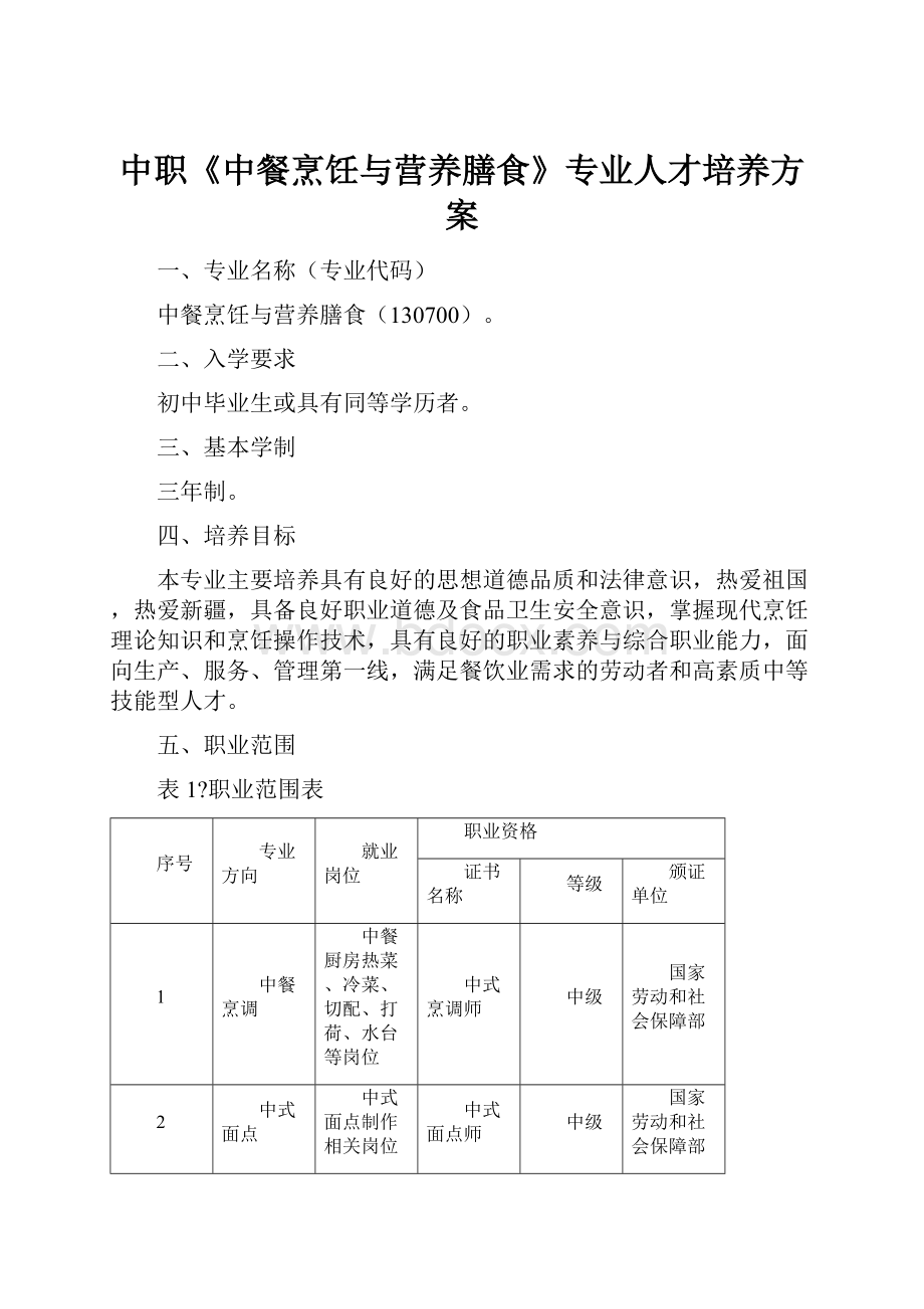 中职《中餐烹饪与营养膳食》专业人才培养方案.docx_第1页