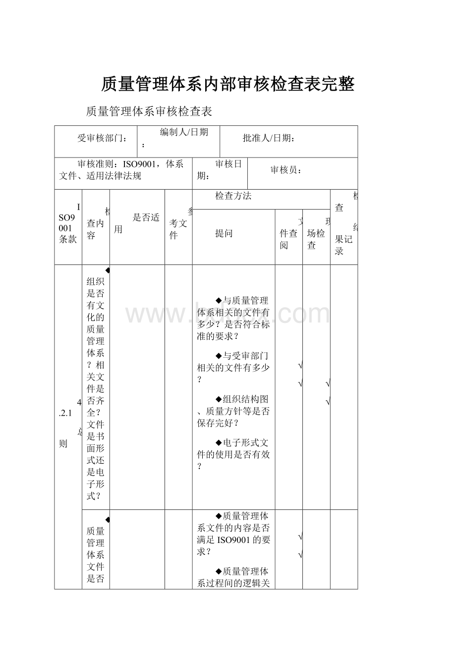 质量管理体系内部审核检查表完整.docx_第1页