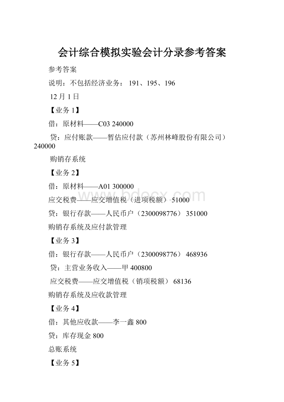 会计综合模拟实验会计分录参考答案.docx_第1页