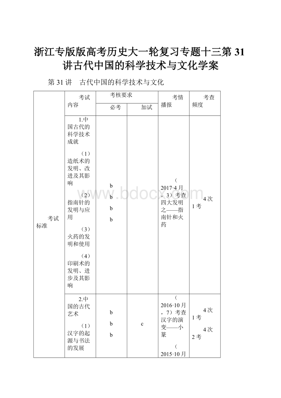 浙江专版版高考历史大一轮复习专题十三第31讲古代中国的科学技术与文化学案.docx