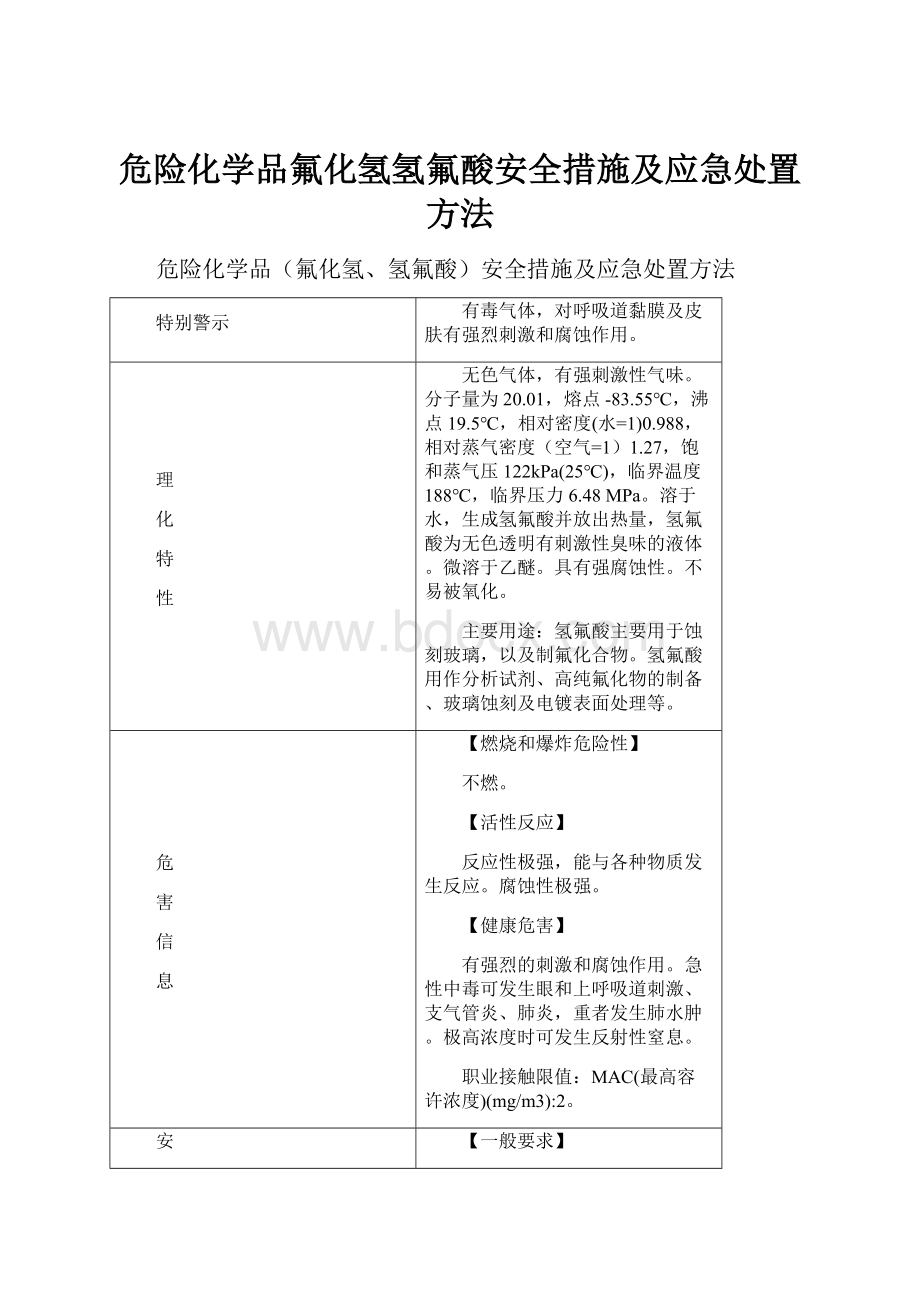 危险化学品氟化氢氢氟酸安全措施及应急处置方法.docx_第1页