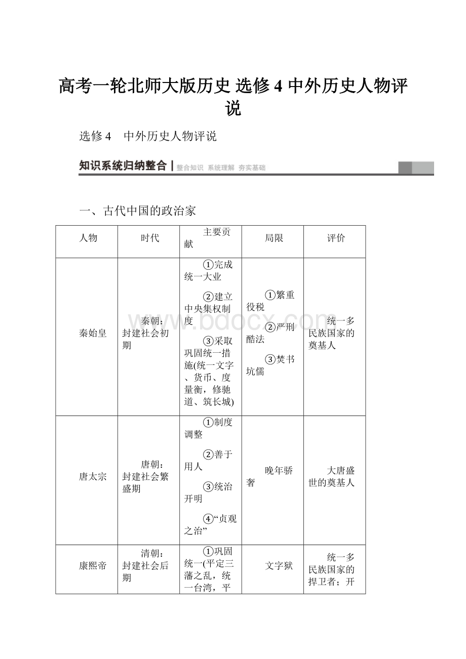 高考一轮北师大版历史 选修4 中外历史人物评说.docx