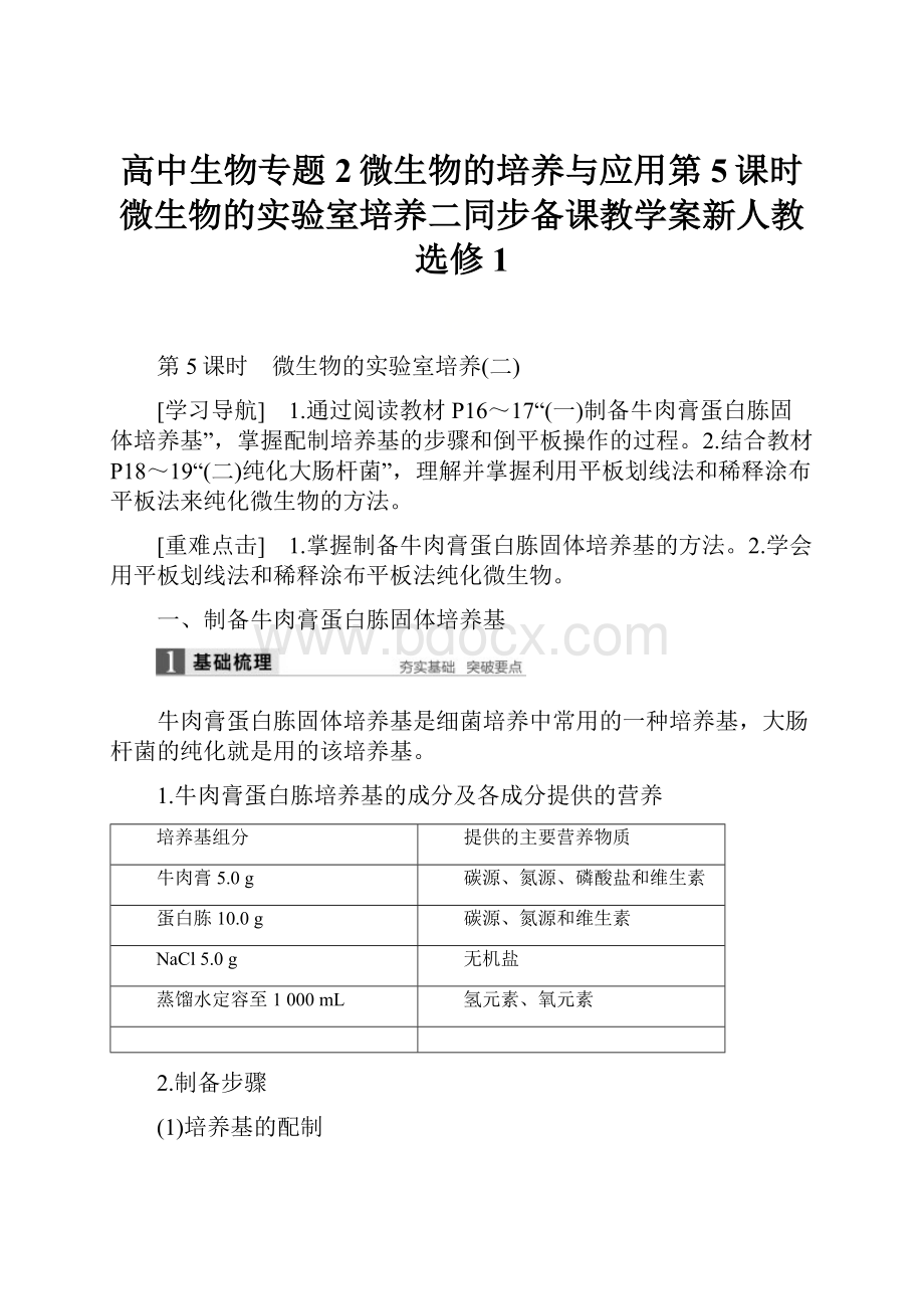 高中生物专题2微生物的培养与应用第5课时微生物的实验室培养二同步备课教学案新人教选修1.docx