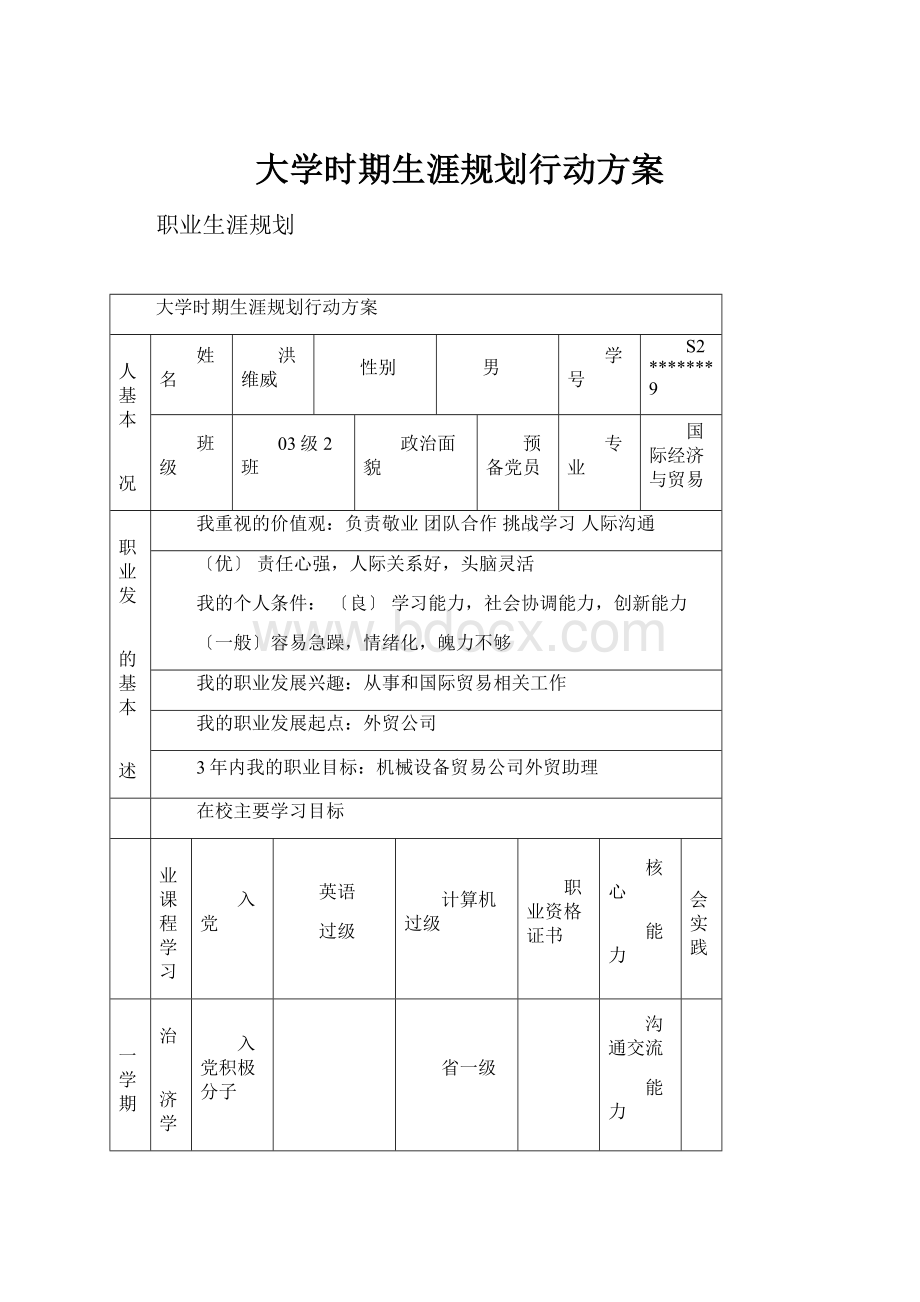 大学时期生涯规划行动方案.docx_第1页