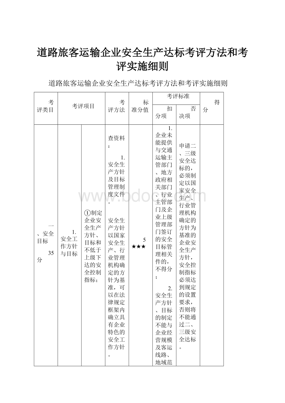 道路旅客运输企业安全生产达标考评方法和考评实施细则.docx_第1页