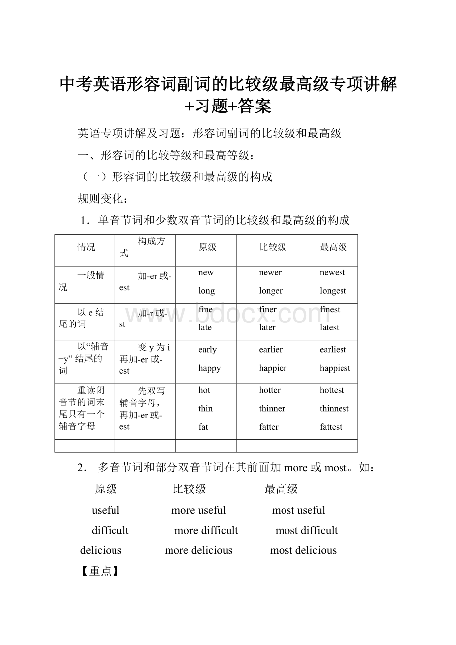 中考英语形容词副词的比较级最高级专项讲解+习题+答案.docx