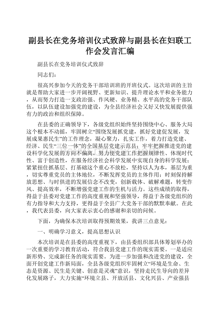 副县长在党务培训仪式致辞与副县长在妇联工作会发言汇编.docx_第1页