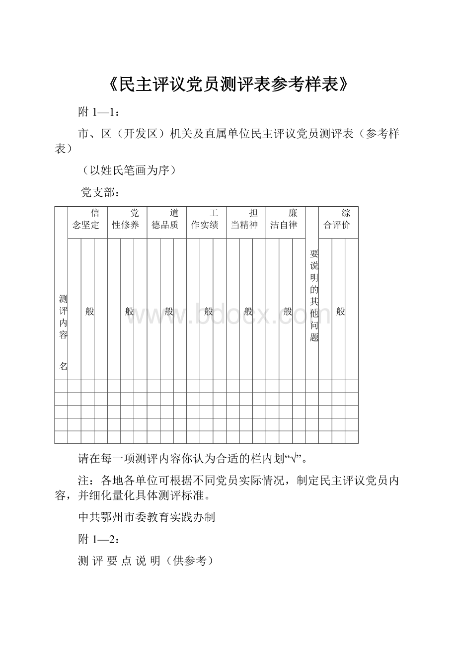 《民主评议党员测评表参考样表》.docx_第1页